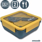 Mmoods Duurzame Bento Box met echt Bestek - Lunchtrommel voor Magnetron, Vriezer en Vaatwasser - Lekvrij Stevig Deksel - Brooddoos Set voor Microgolfoven Inclusief Bestek - Bento L
