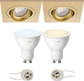 Pragmi Borny Pro - Inbouw Vierkant - Mat Goud - Kantelbaar - 92mm - Philips Hue - LED Spot Set GU10 - White Ambiance - Bluetooth - BES LED