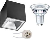 Opbouwspot Set - Pragmi Cliron Pro - GU10 Fitting - Opbouw Vierkant - Mat Zwart/Zilver - Verdiept - 90mm - Philips - CorePro 827 36D - 4W - Warm Wit 2700K - Dimbaar - BES LED