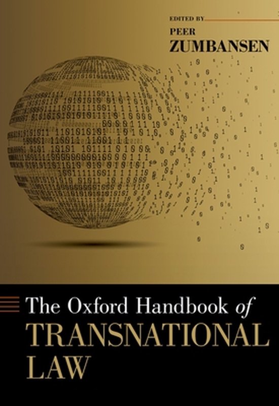 La couverture du livre 'The Oxford Handbook of Transnational Law' avec un globe terrestre composé de code binaire sur fond doré.