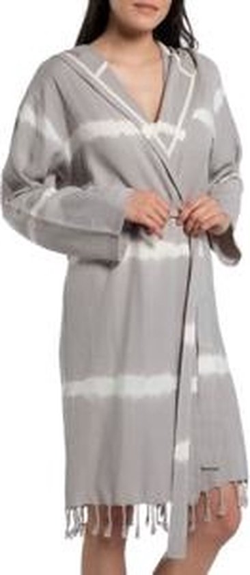 Tie Dye Badjas Taupe - M - extra zachte hamam badjas - luxe badjas - korte ochtendjas met capuchon - dunne sauna badjas