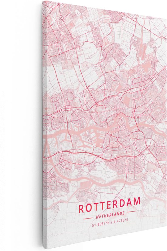 Artaza Canvas Schilderij Stadskaart Rotterdam in het Roze - 40x60 - Poster Foto op Canvas - Canvas Print