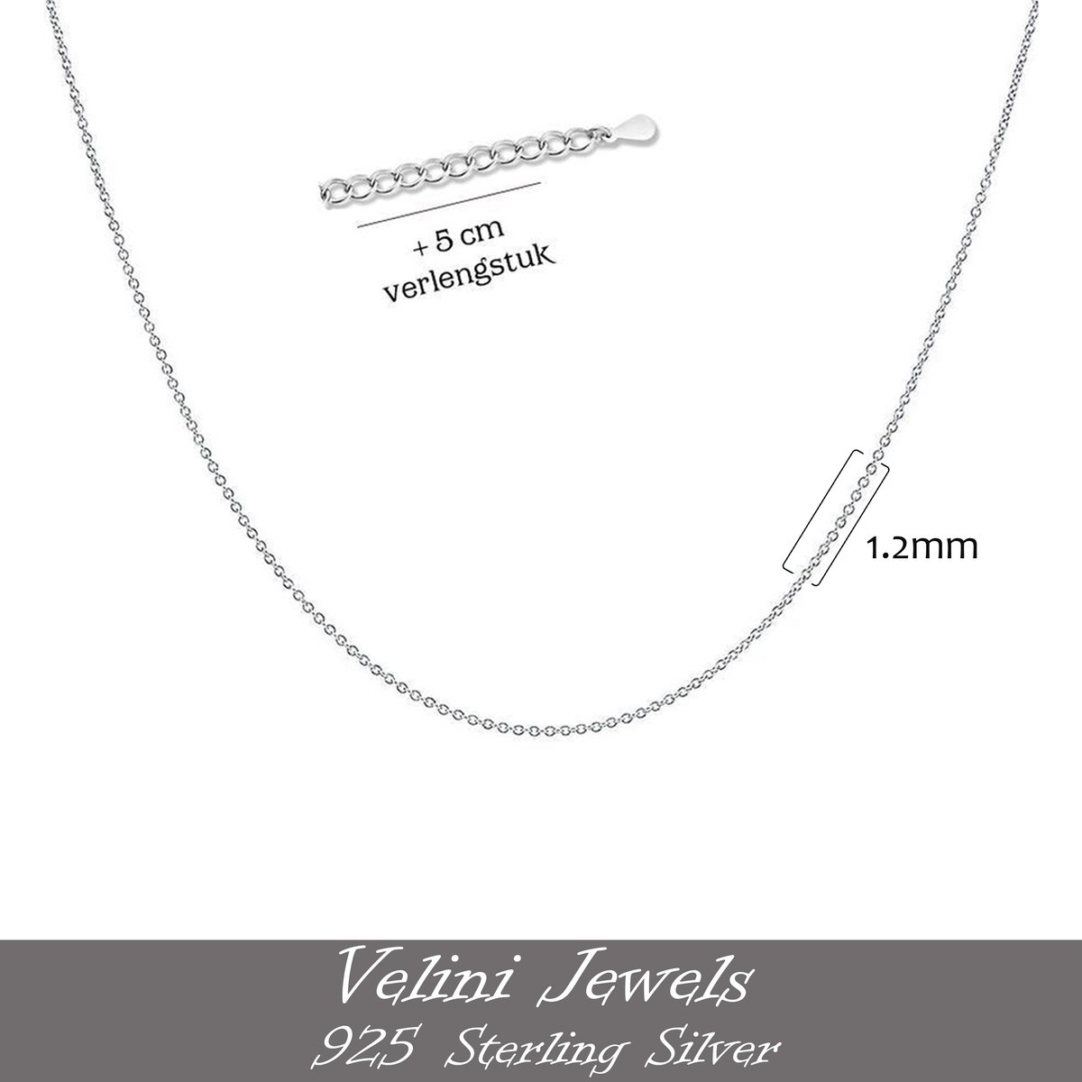 Velini jewels-ROLO925F-1.2mm-925 Zilver Ketting- 50 cm + 5 cm verlengstuk