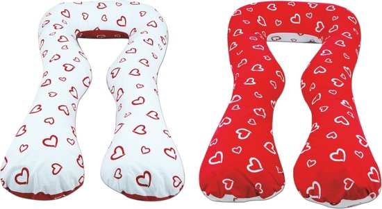 Voedingskussen - Zwangerschapskussen - 300 cm - 100% katoen - wit rood met hartjes