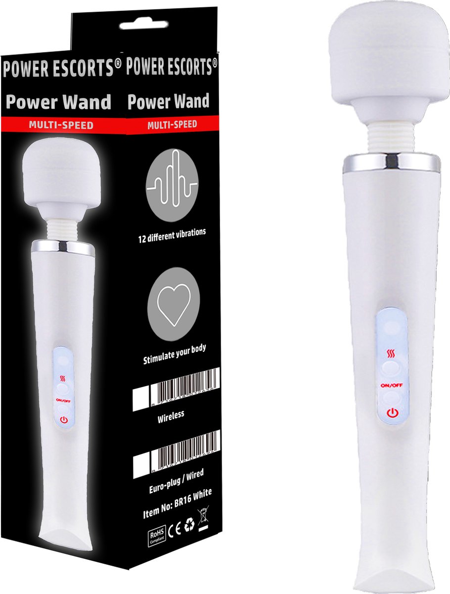 Goedkoopste super stijlvolle - Power Escorts - Power Wand - Body Wand Massager - Massagestaaf - 12 Speed - groot Formaat 32 cm - met Stroomkabel - Flexibele Kop - Trendy Design - BR16 - Wit - gave Cadeaubox - Waterbestendig - Massagestaaf