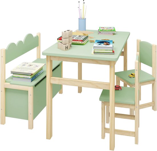 furnibella Table pour enfant avec 2 chaises et 1 banc de rangement pliant  pour 3... | bol