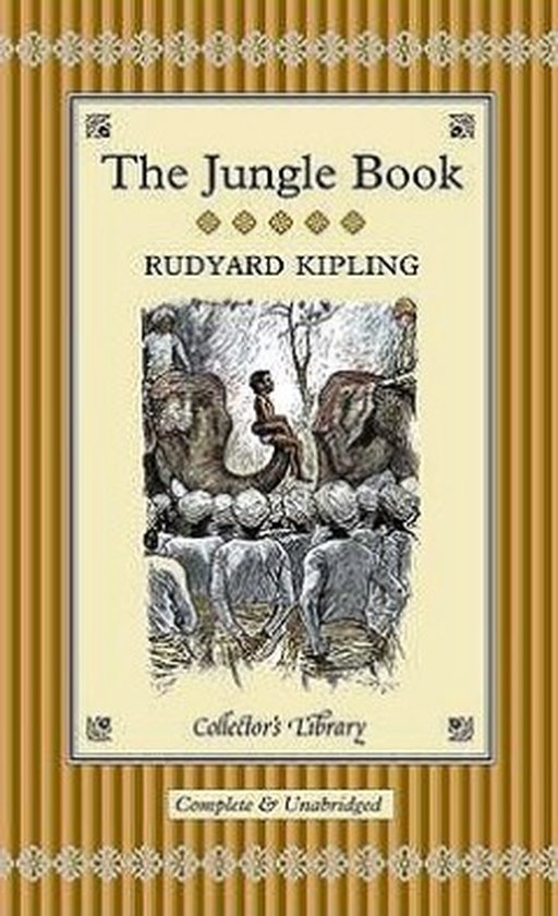Couverture du livre 'The Jungle Book' par Rudyard Kipling, avec une illustration de Mowgli assis sur un éléphant, entouré d'autres éléphants et de personnes.
