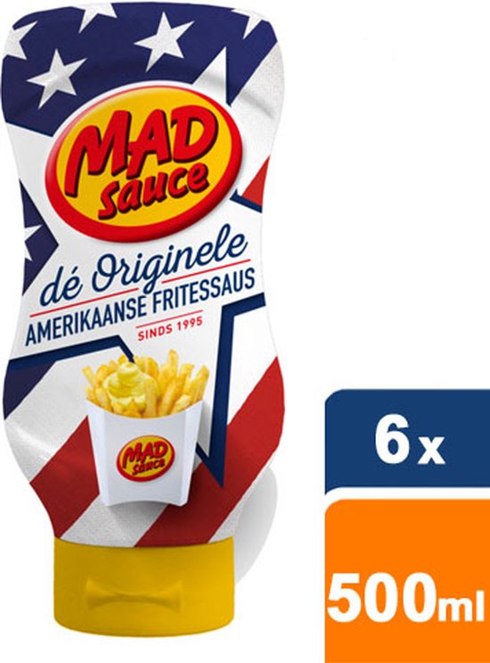 Mad Sauce "dé Originele Amerikaanse Fritessaus" fles, 6x 500ml. Amerikaans vlag design, toont friet.
