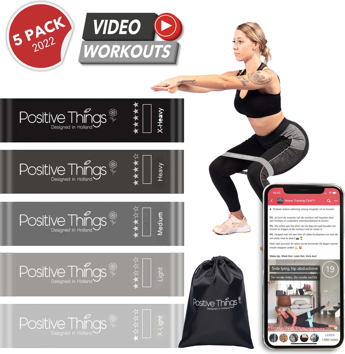 Positive Things - Resistance Bands - Weerstandsbanden - Fitness Elastieken Set van 5 - Grijs