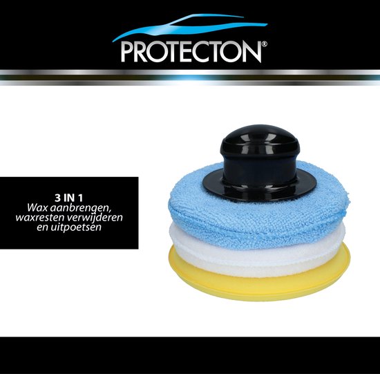 Protecton polijstpad set met blauwe microvezel pad, witte pad en gele spons, met handgreep.