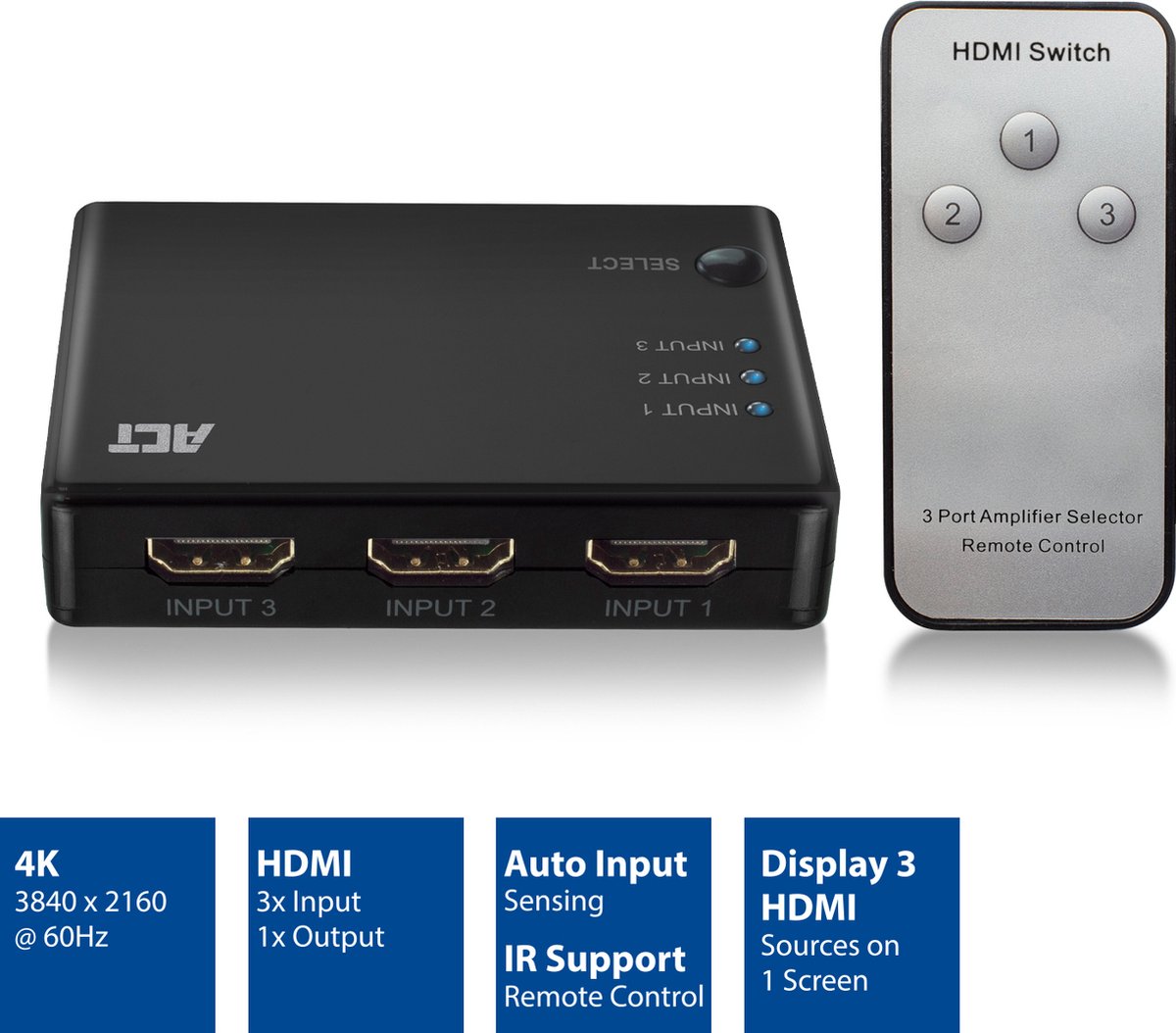 Switch HDMI 4K 60Hz, KOOFIT Multiprise HDMI Switch 3 Entrées 1