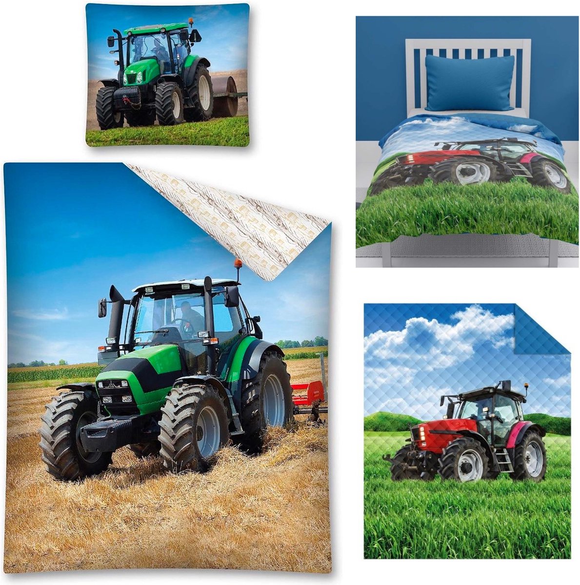 Dekbedovertrek Tractor- 140 x 200 cm - 1persoons- Katoen - Groen , incl. Tractor Bedsprei- Deken- 170x210- Polyester- lichtgewicht- Dekbed deken