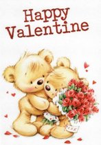 Happy Valentine! Een lieve wenskaart met twee beren die elkaar een knuffel geven. Niet te vergeten de mooie rode rozen. Een dubbele wenskaart inclusief envelop en in folie verpakt.