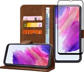 Samsung S21 FE Book Case Hoesje - Samsung S21 FE Screenprotector - Flip Hoes Bruin met Screen Full Cover Tempered Glas Protector