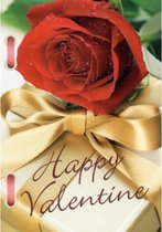 Happy Valentine! Een mooie wenskaart met een rode roos en een gouden strik. Fantastisch om aan jouw Valentine te geven! Een dubbele wenskaart inclusief envelop en in folie verpakt.