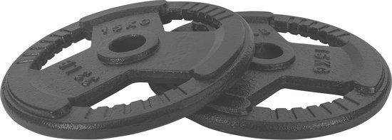 RYZOR Halterschijven set van 2 x 15  kg - Gewichtschijven - Bumper plates - Bankdrukken - Halterset – Halterschijf 15 kg - Gewichten set voor halterstangen - Geschikt voor Olympische halterstang met diameter 50 mm - Gietijzer - Grijs