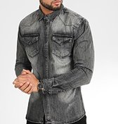 Heren spijker overhemd - grijs - overhemd mannen denim -  slim fit - maat S - 625 - valentijnsdag -valentijnscadeau