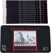 Uslon Professional Graphite Sketch Drawing Crayons à dessin Set In Can - 8B, 7B, 6B, 5B, 4B, 3B, 2B, B, HB, F, H, 2H - 12 Crayons - Zwart