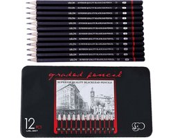 Uslon 12 Professionele Grafiet Schetspotloden Tekenpotloden Set In Blik - 8B, 7B, 6B, 5B, 4B, 3B, 2B, B, HB, F, H, 2H Potloden - Schetsen en Tekenen