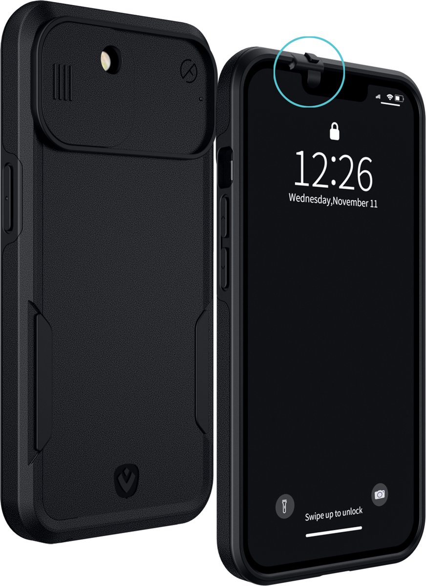 Valenta x Spy-Fy®: iPhone 13 Hoesje met Camera Covers aan Voor- én Achterkant | Beschermt je Privacy en je Camera’s | Hard Kunststof Backcover | Zwart
