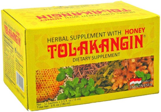 Gele doos met 12 sachets Tolak Angin, kruiden en honing.