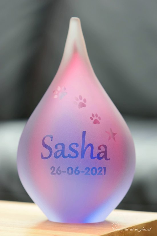 Urn van glas met een door u aangegeven naam, datum, sterretje en pootafdrukjes middels zandstraling- Urn Blauw met Roze-Small, 50 ml inhoud, 14 cm hoog- Voor kleine deelbestemming crematie-as- Urn Poes-Urn Hond-Urn kat-Urn Dier-Herinneringsbeeld
