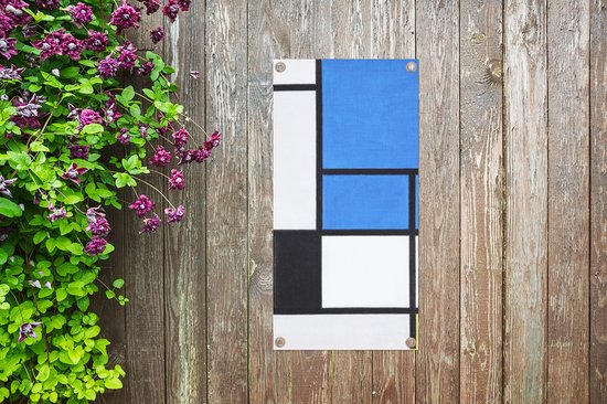 Tuinposter Compositie met blauw, rood, zwart, geel en grijs - Piet Mondriaan - 40x80 cm - Wanddecoratie Buiten - Tuinposter - Tuindoek - Schuttingposter - Tuinschilderij