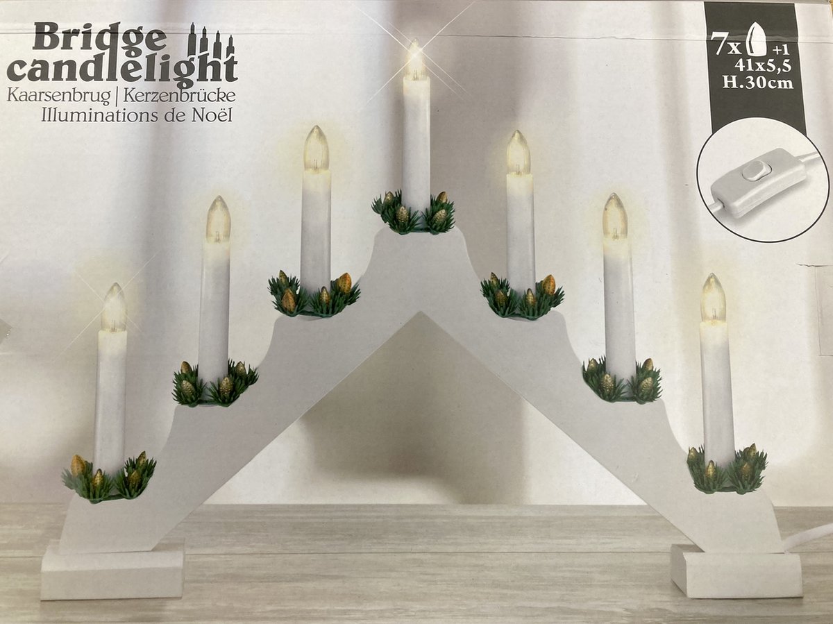 Kaarsenbrug trapverlichting hout 7 lampjes vensterverlichting wit