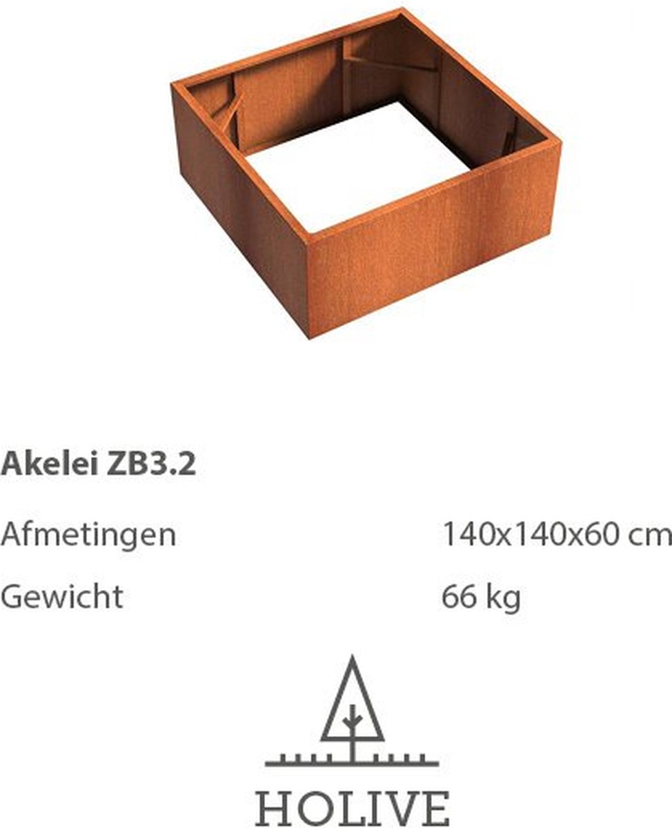 Cortenstaal Akelei ZB3.2 Vierkant zonder bodem 140x140x60 cm. Plantenbak