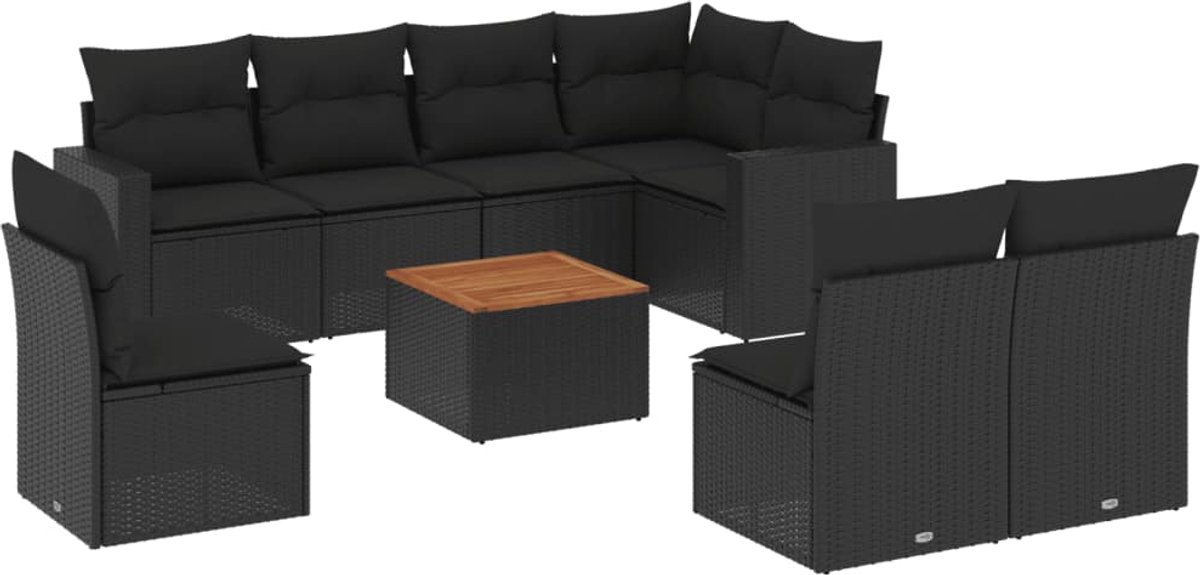 The Living Store 9-delige Loungeset met kussens poly rattan zwart - Loungeset - Tuinlounge - Lounge Set - Buitendecoratie - Outdoor Furniture