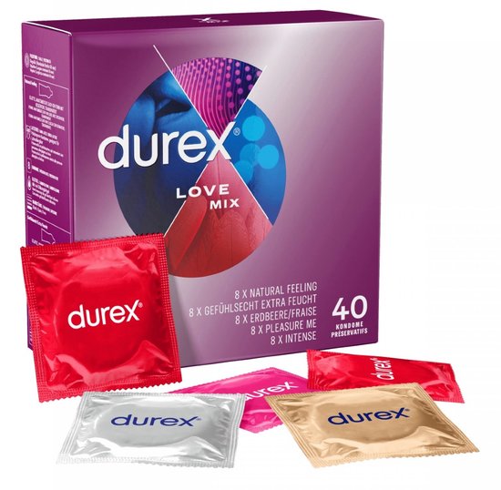 Durex Love Mix condooms: paarse doos met kleurrijke afbeelding en tekst. Rode, roze, zilveren en gouden verpakkingen.
