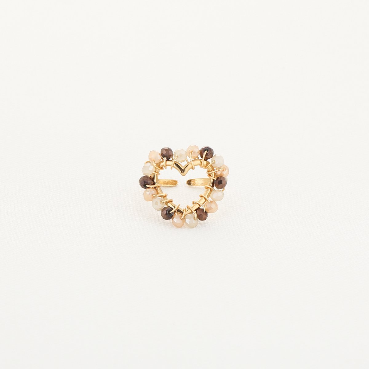 Michelle Bijou, ring, goud, kralen, beige, hart, stainless steel