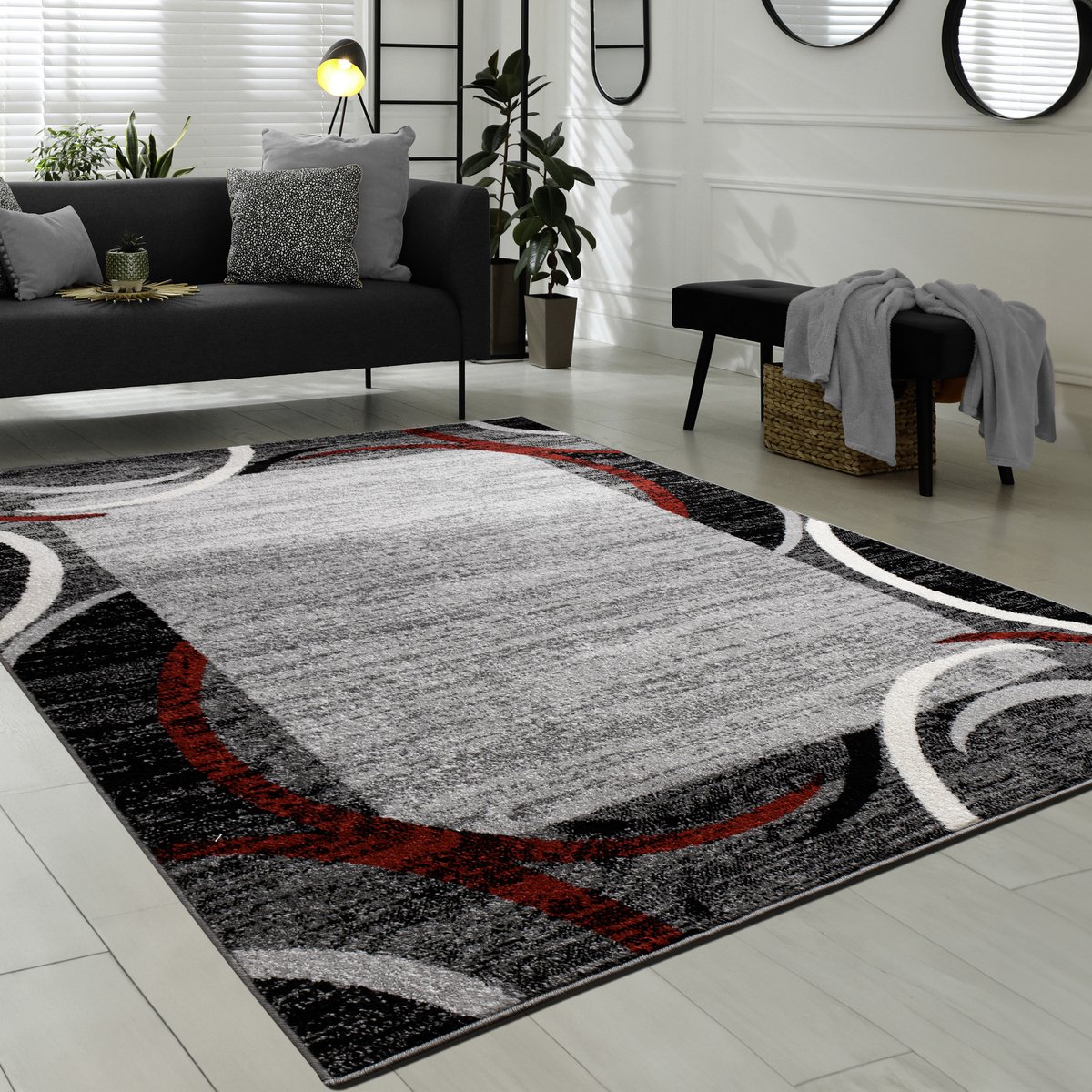 flycarpets Sinovo Modern Vloerkleed - Grijs / Rood - Laagpolig Tapijt Woonkamer - 120x170 cm