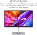 ASUS ProArt monitor met een lijst van de inhoud van de doos: stroomkabel, HDMI, DisplayPort, USB-C, kalibratierapport.