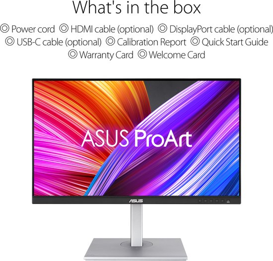 ASUS ProArt monitor met een lijst van de inhoud van de doos: stroomkabel, HDMI, DisplayPort, USB-C, kalibratierapport.