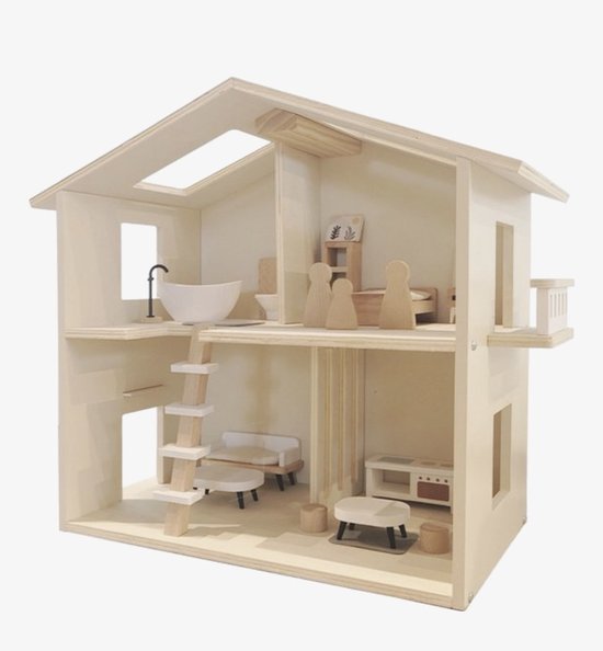 Houten poppenhuis met meubels, trap, badkuip, bed en wc.