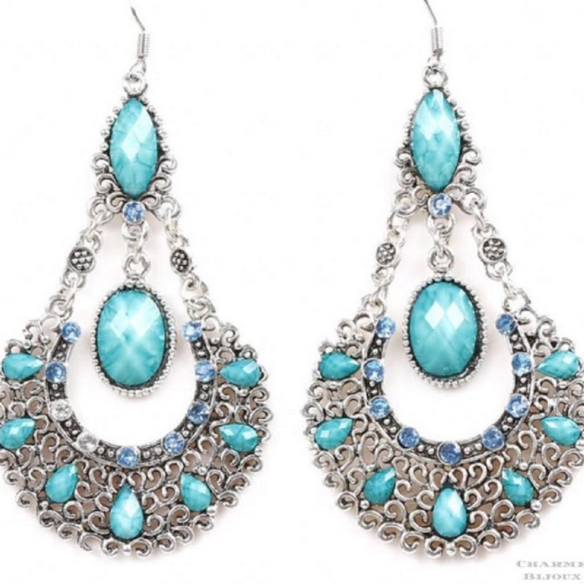 Lange zilver oorbellen-Turquoise steen Tibetaanse look - Charme Bijoux