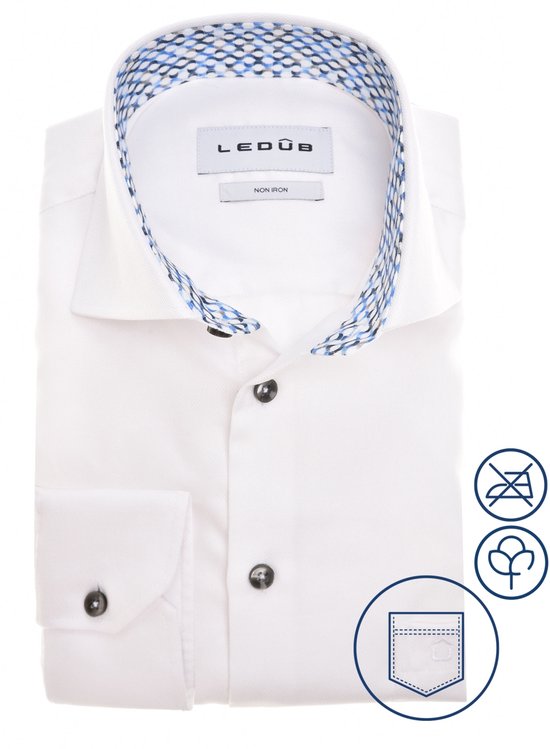 Ledub modern fit overhemd - popeline - wit - Strijkvrij - Boordmaat: 46