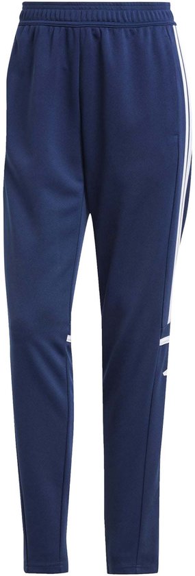 Donkerblauwe trainingsbroek met witte Adidas strepen en logo op de zijkant.