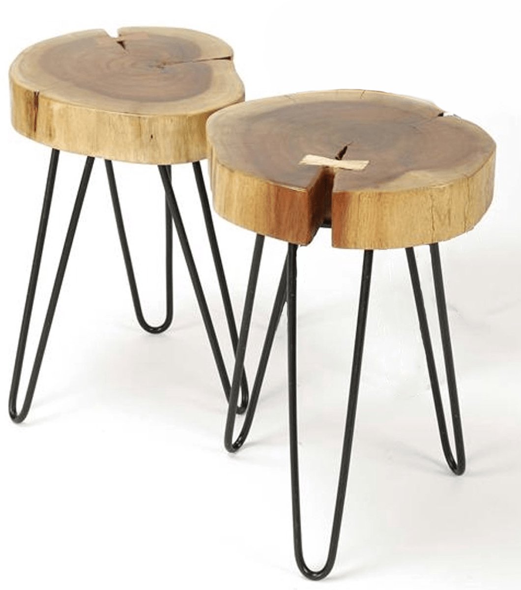 Bijzetafel Boomstam Hout Industrieel (2 stuks) - Bijzettafels Hout en Metaal - Boomstamtafel Bijzettafel - Banktafel Nachtkastje Kleine Landelijk Salontafel - Set van 2