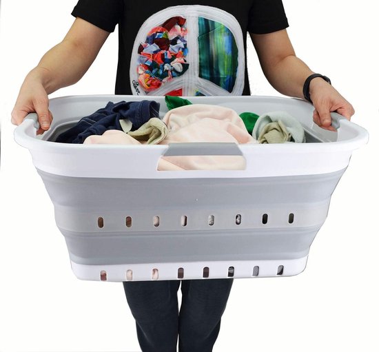 Opvouwbare Wasmand Kunststof, 35L Opvouwbare Wasmand Voor Kleine Ruimtes Plastic Wasmand Met Handvat Grijs Opvouwbare Wasmand Kunststof, 35L Opvouwbare Wasmand Voor Kleine Ruimtes Plastic Wasmand Met Handvat Grijs
