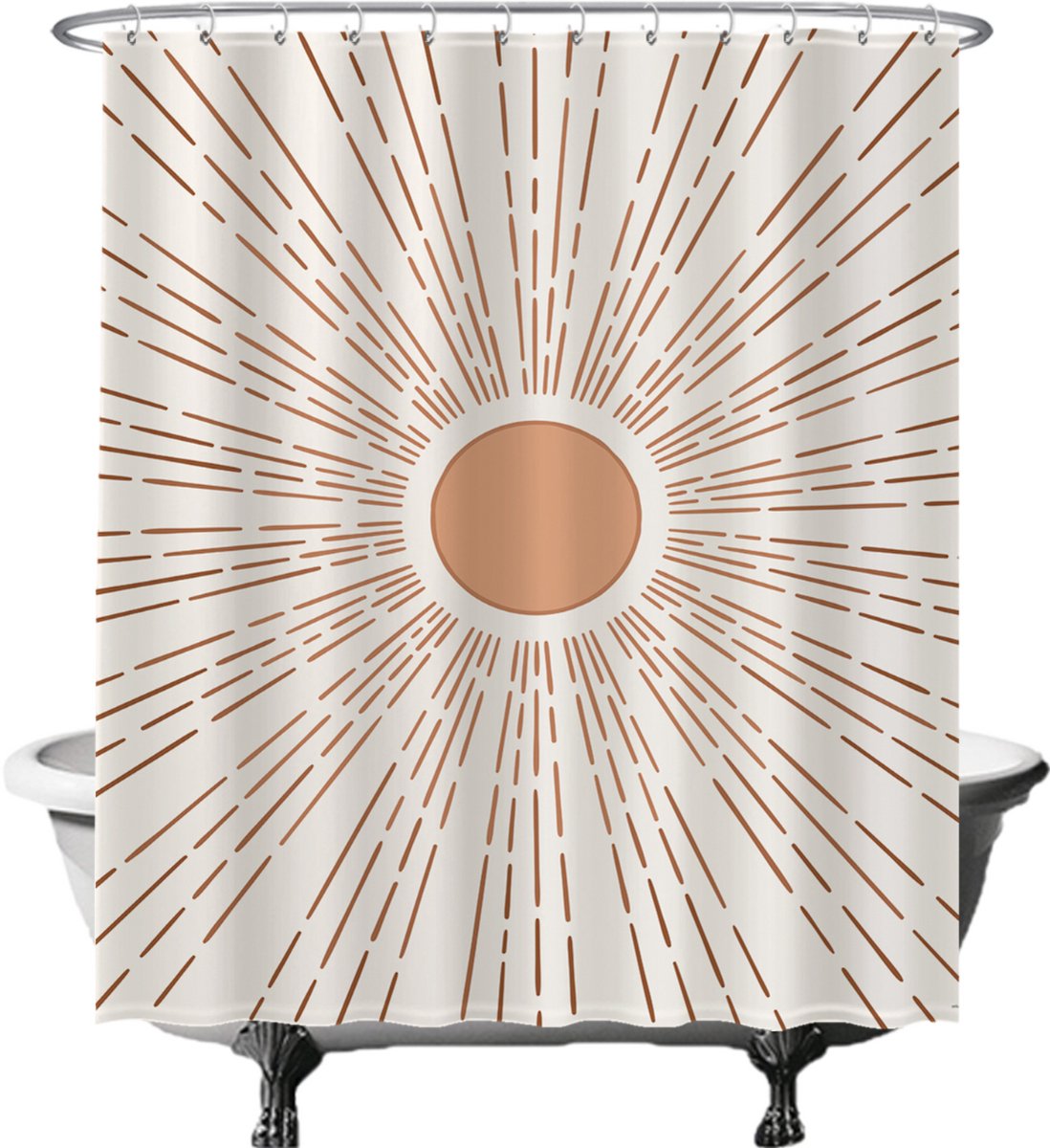 Ulticool Douchegordijn - Zon Aesthetic Boho Bohemian - 180 x 200 cm - met 12 Ringen Wit - semi Transparant - anti Schimmel - Oranje Bruin Wit