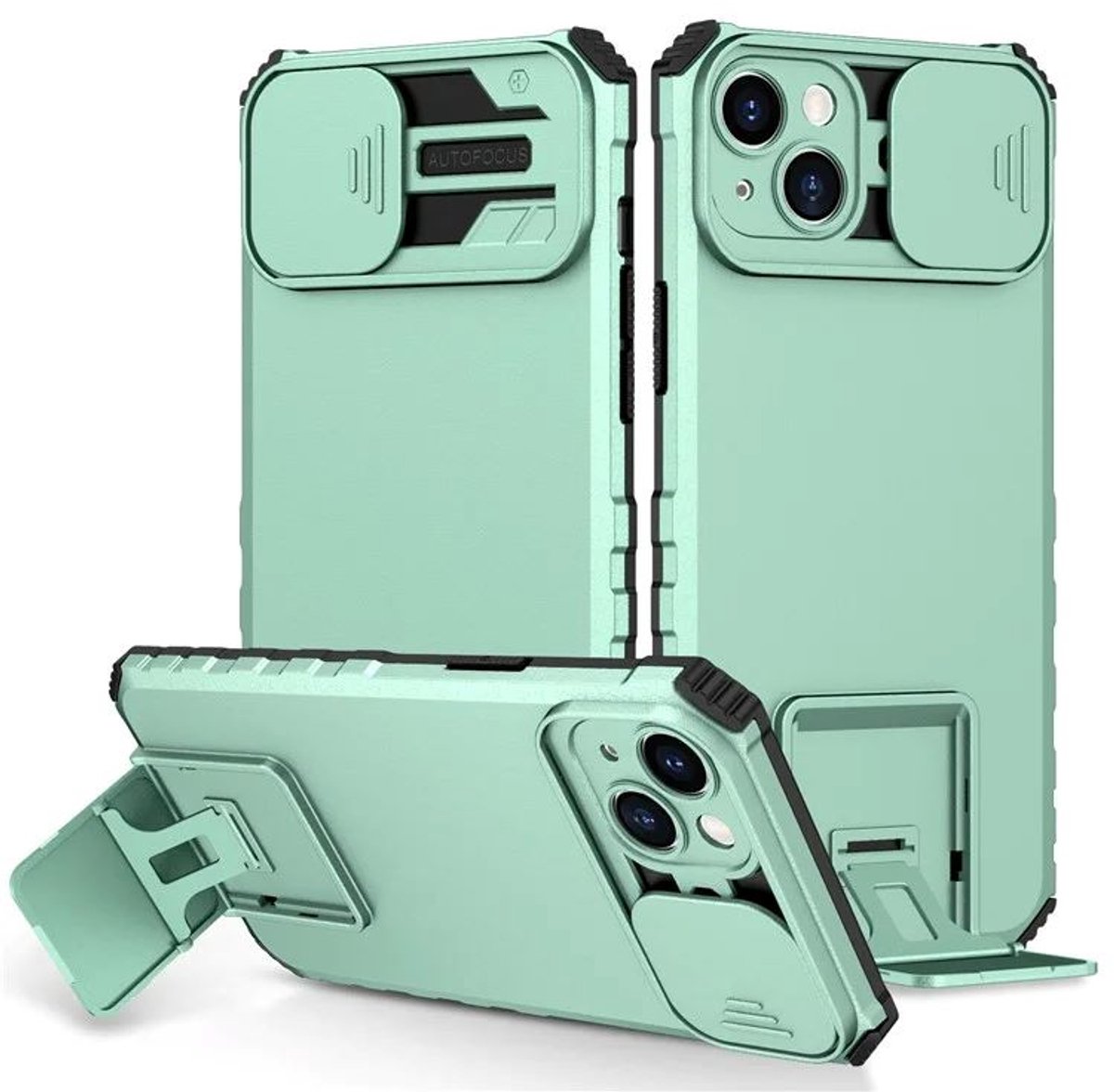 Cityhoesje - iPhone 15 Plus- Slide Camera Lid – BackCover - Anti-drop Kickstand - Licht Blauw