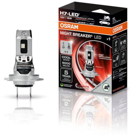 Osram Night Breaker Speed LED H7 lamp met koel wit licht (6000K). Zilverkleurige behuizing met zichtbare LED.