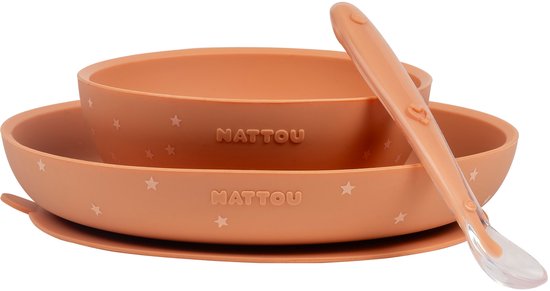 Service de table Enfants Nattou en silicone 3 pièces - 19,2 cm - Motif terre cuite