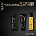 Zwarte flessen SYOSS Intense Oleo Deep Caring Shampoo en Deep Conditioner, en een gele Intense Beauty Elix.
