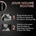 Stappen 1 en 2 van de Syoss routine: shampoo aanbrengen en conditioneren.