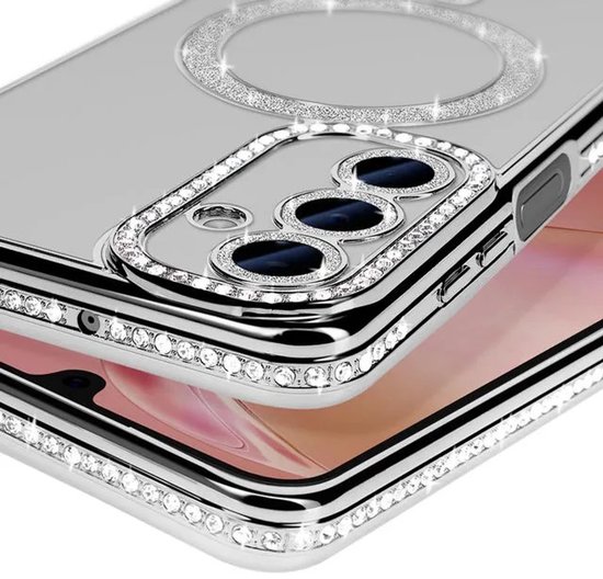 Coque avec diamants et Glitter Convient pour : Samsung Galaxy A26 - Coque MagSafe Glitter - Argent avec pierres de diamant - Glamour Case