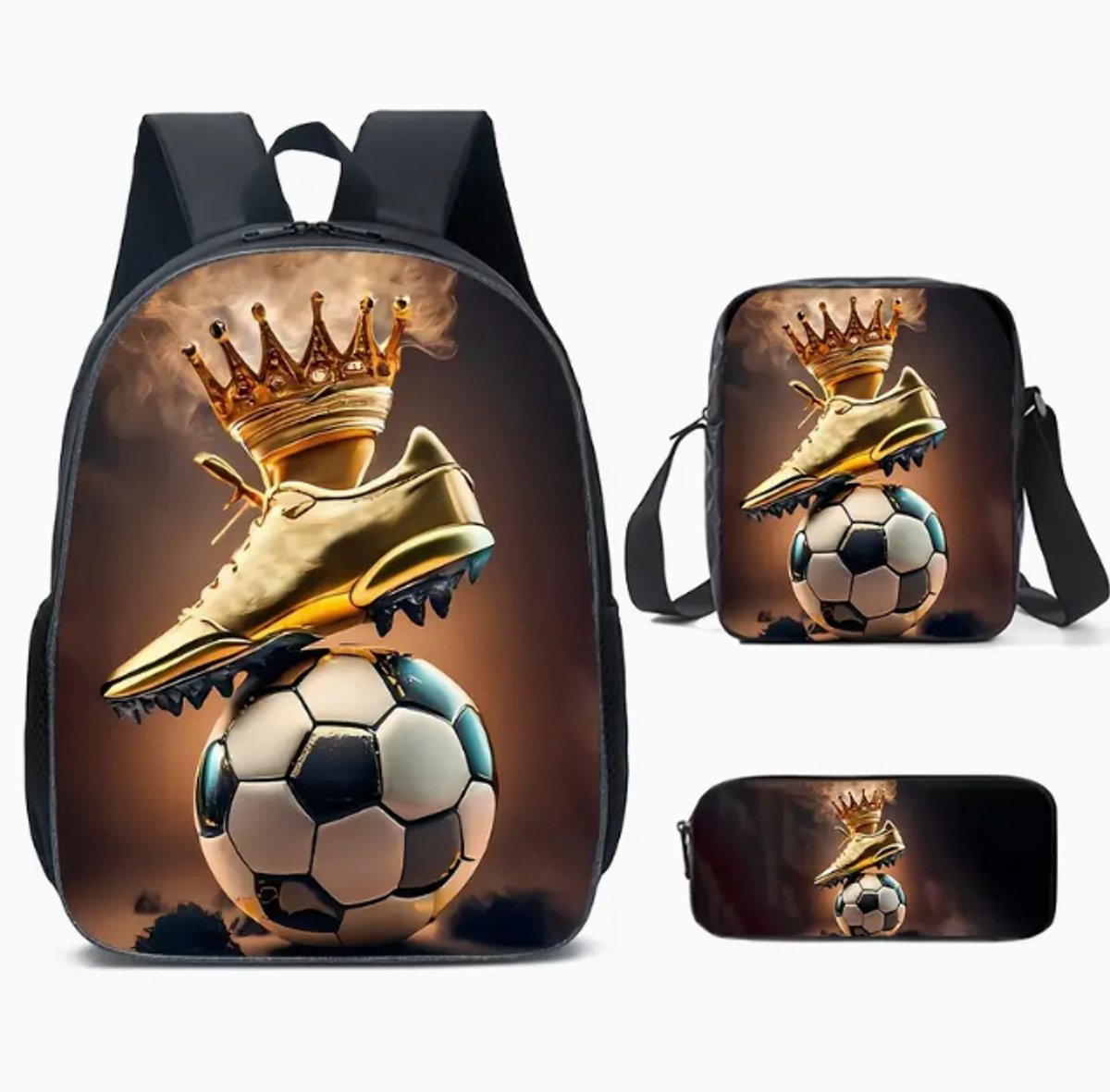 Voetbalschoen Rugzak | Voetbal met Kroon Rugzak | Rugzak Meisje | Rugzak Jongens | Mooie rugzakken met Voetbal | 15 liter | Kinder Rugzak | Rugtas, etui en lunchtas met mooie 3D geprinte details | 3-delige set jongens schooltassen | grote schooltas