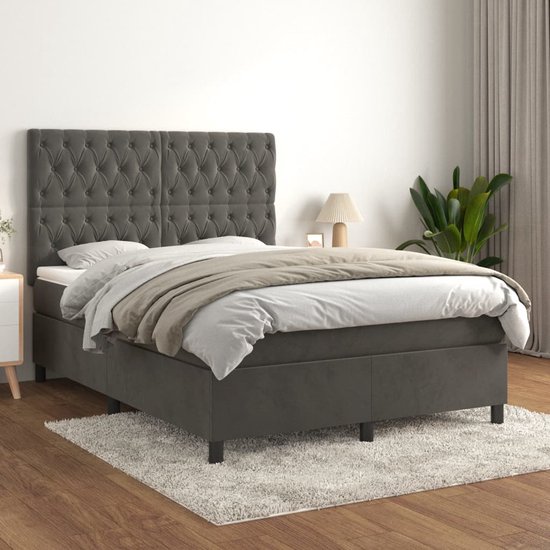 vidaXL Boxspring avec matelas Velours Gris foncé 140x190 cm - Boxspring - Sommiers - Lit - Meubles de couchage